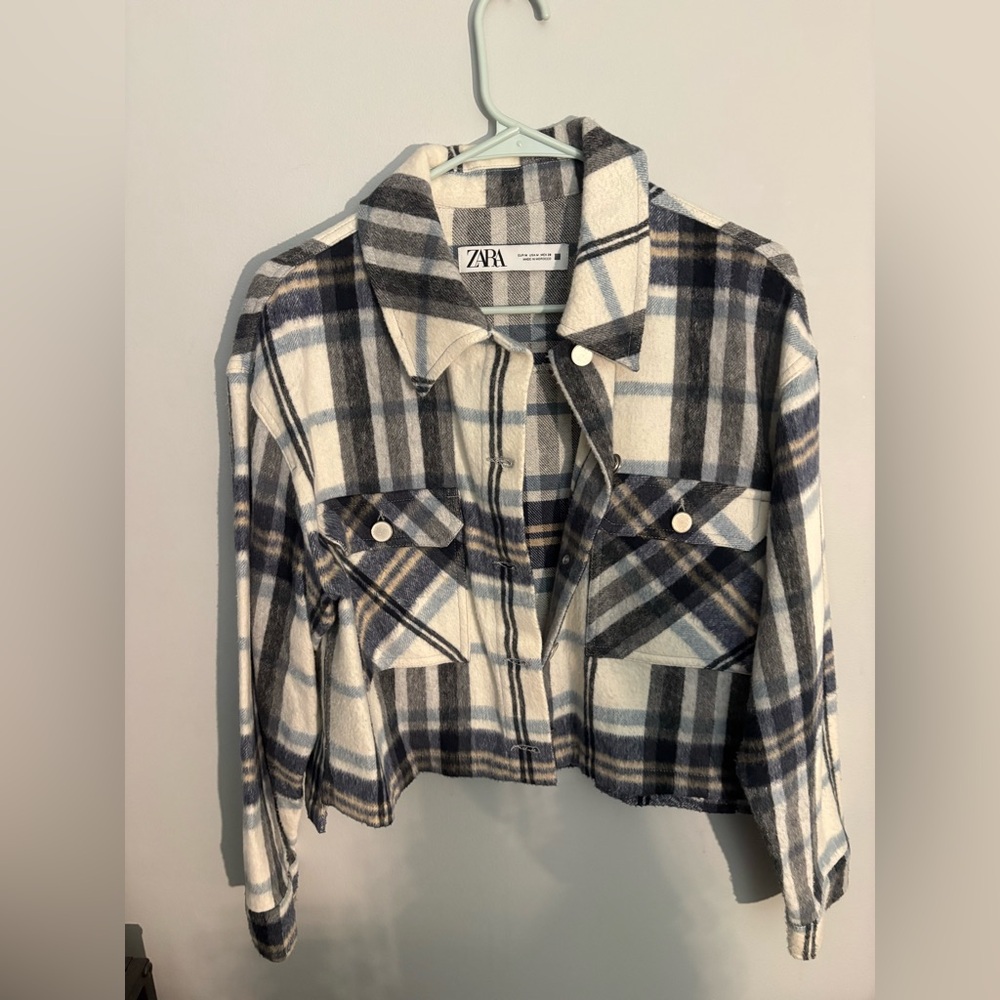 Zara Blue and White Checkered Cropped Jacket